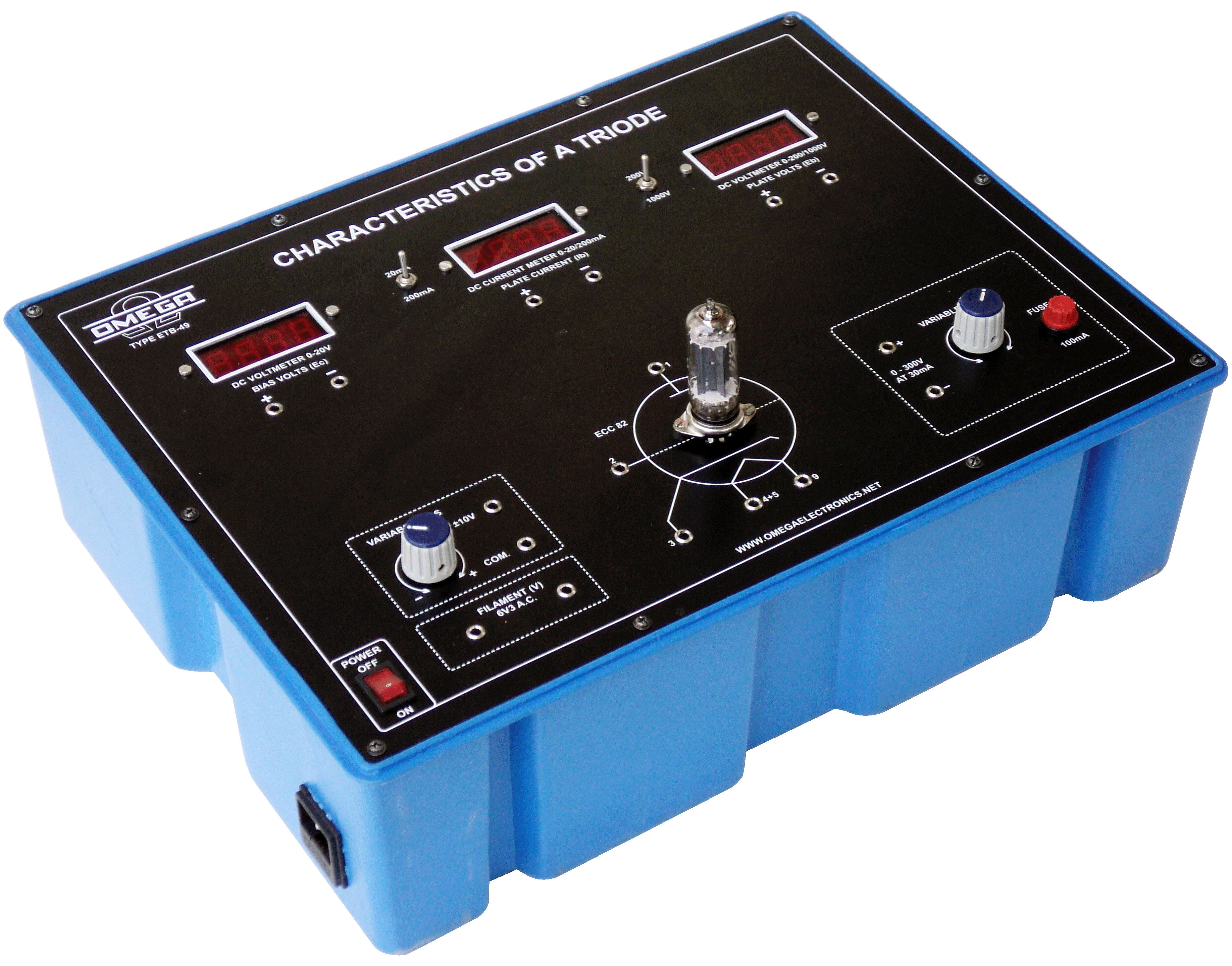 Triode Characteristics with power supply and 2 meters (C.R.) (V.V.)