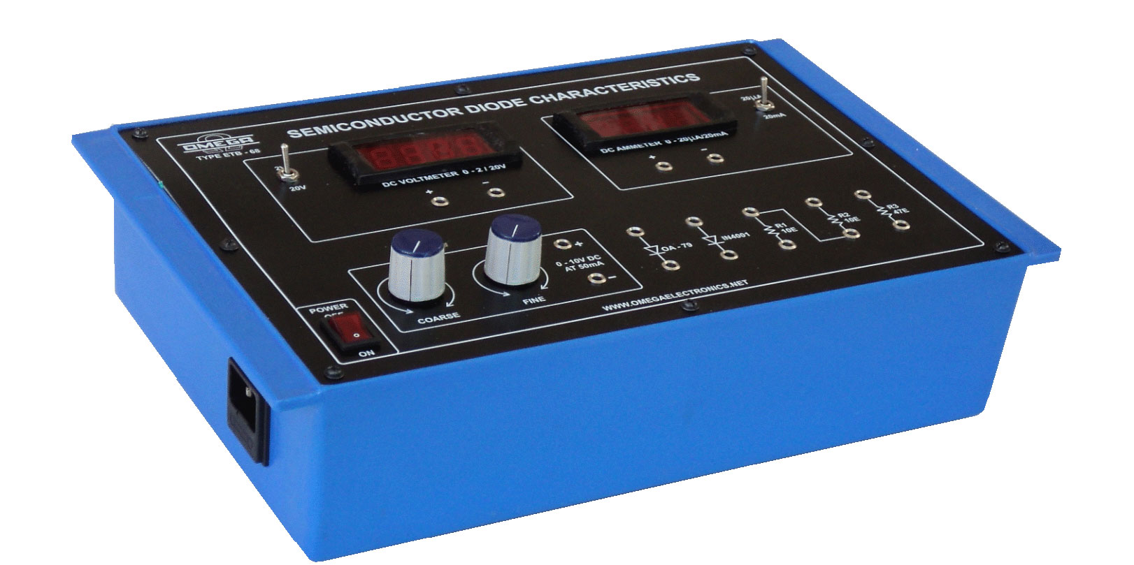 Semi-Conductor Diode Characteristics with power supply and 2 dual range meters(C.R.)