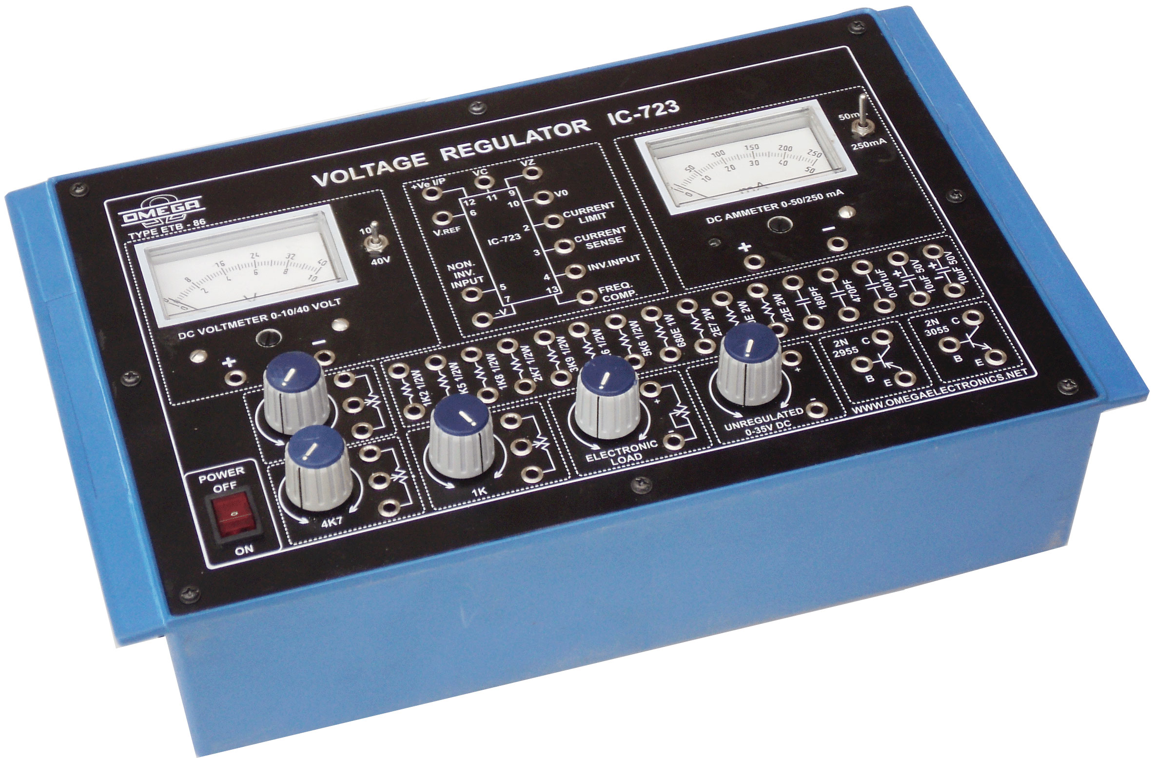 Voltage Regulator IC 723  with power supply and 2 dual range meters