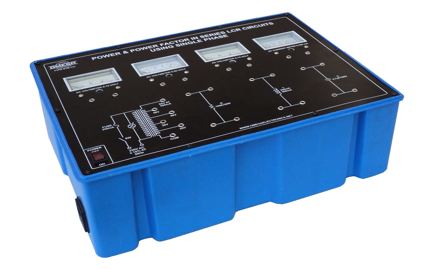 Power & Power Factor in Series LCR Circuits using single phase  with power supply and 4 meters