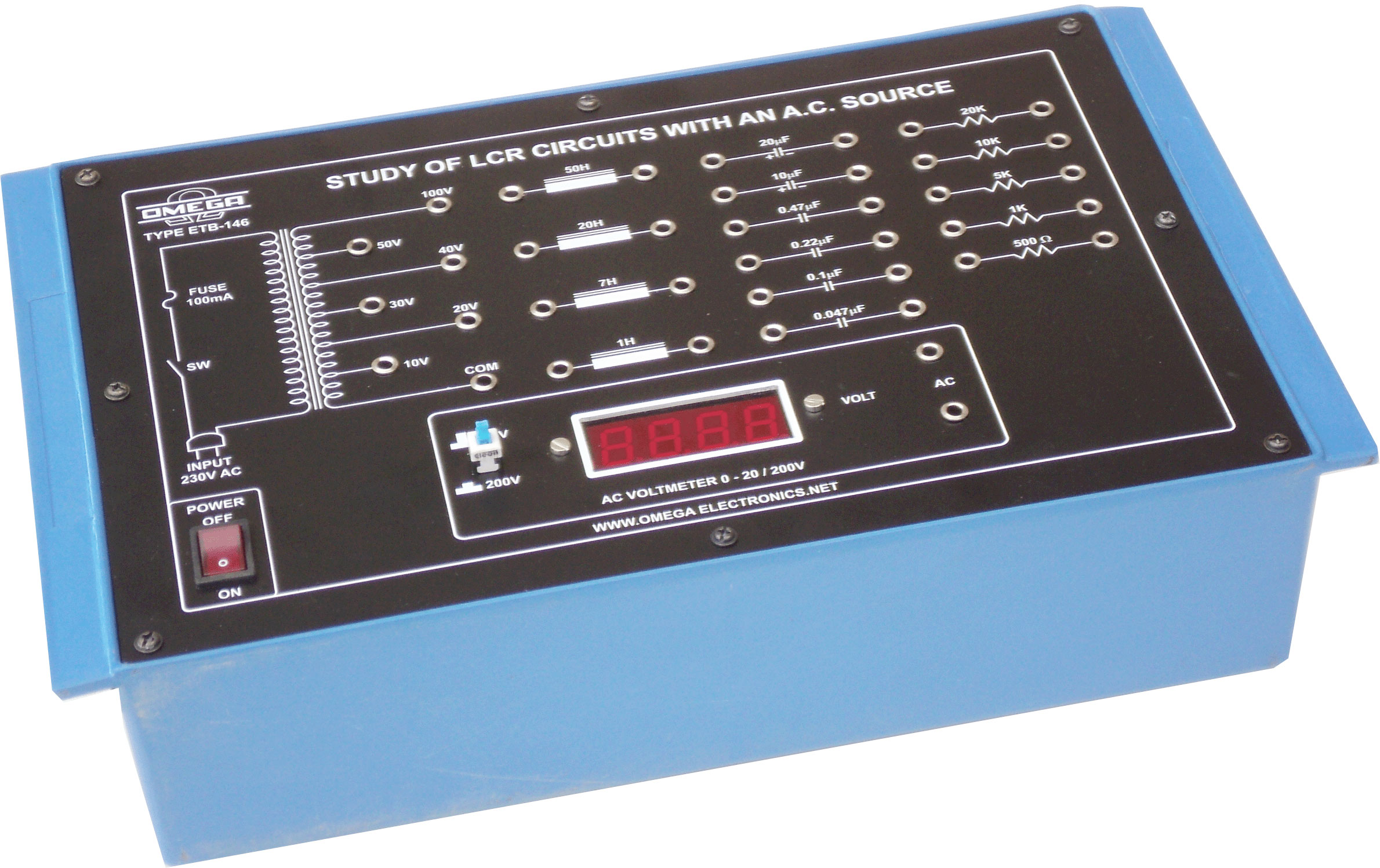 Study of LCR circuits with an AC source having Power Amplifier  with power supply and 1 digital meter