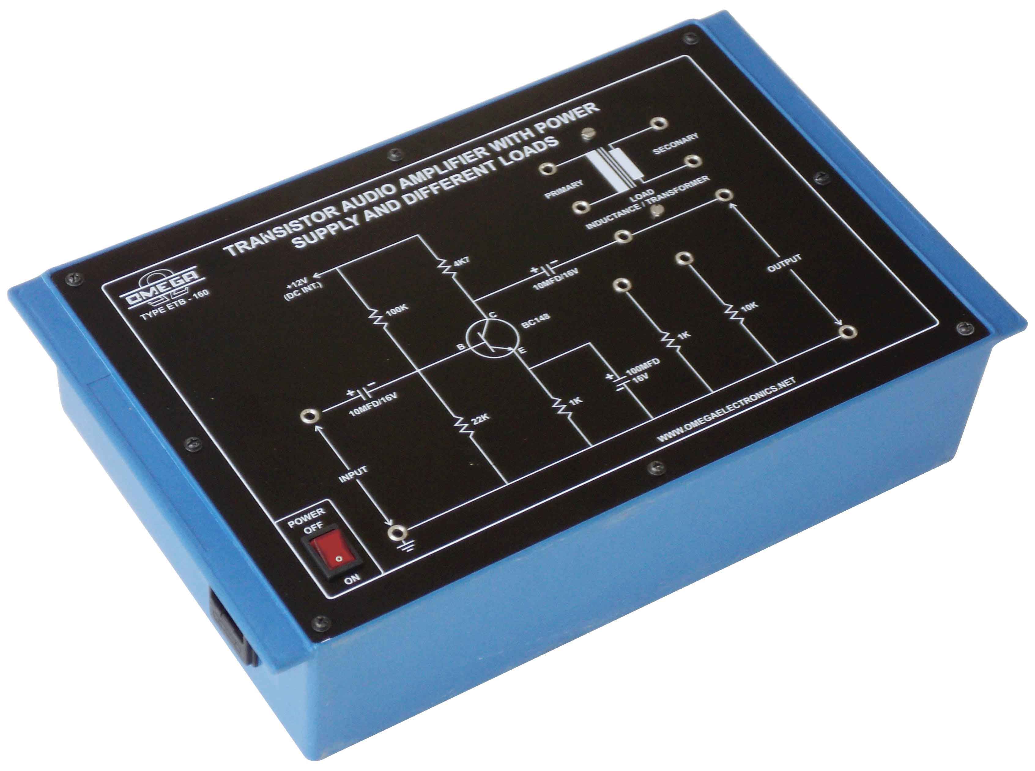 Transistor audio amplifier with power supply and different loads