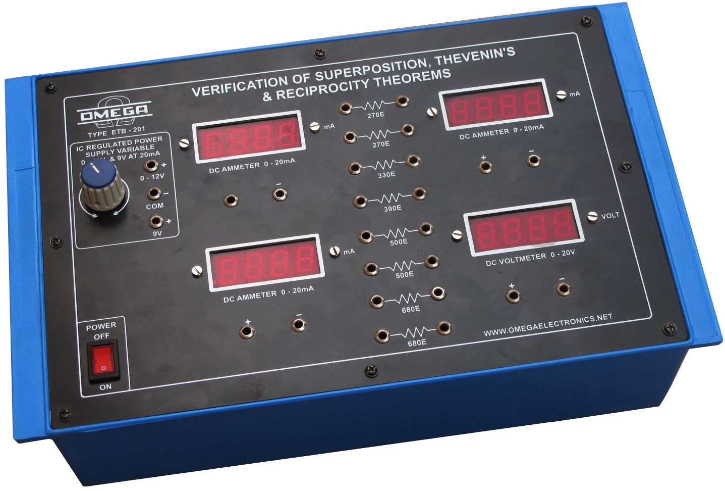 Verification of Superposition, Thevenin's & Reciprocity Theorems with Power Supply and 4 digital meters (C.R.)